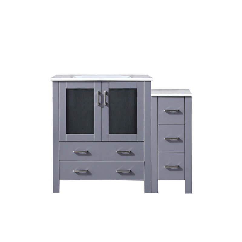 Meuble-lavabo simple gris foncé de 42 po W avec armoire latérale, plateau en céramique blanche, boîtier en bois massif, tiroirs à fermeture en douceur, une armoire intérieure pour solution de rangement, comptoir à teinture longue durée