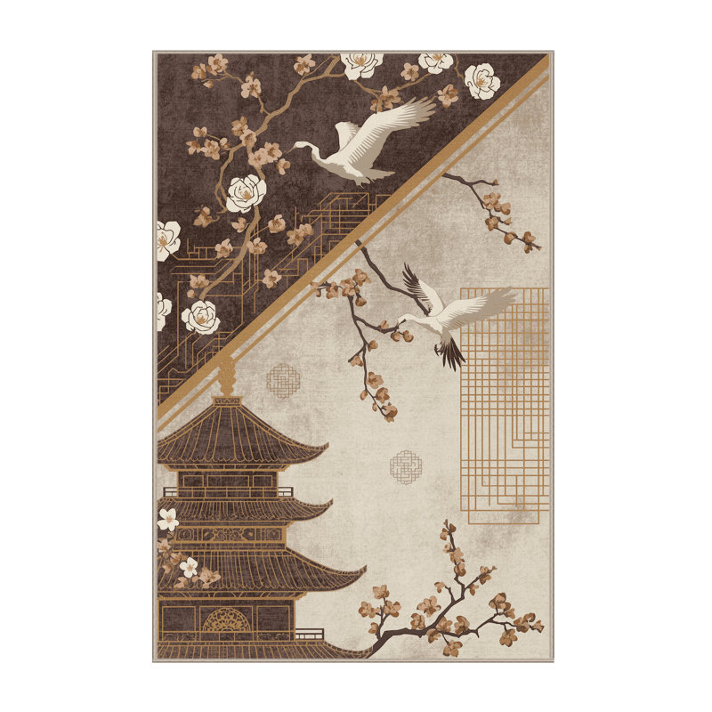 Tapis oriental beige lavable à la machine à motif d'inspiration mondiale Penola, 4 x 6