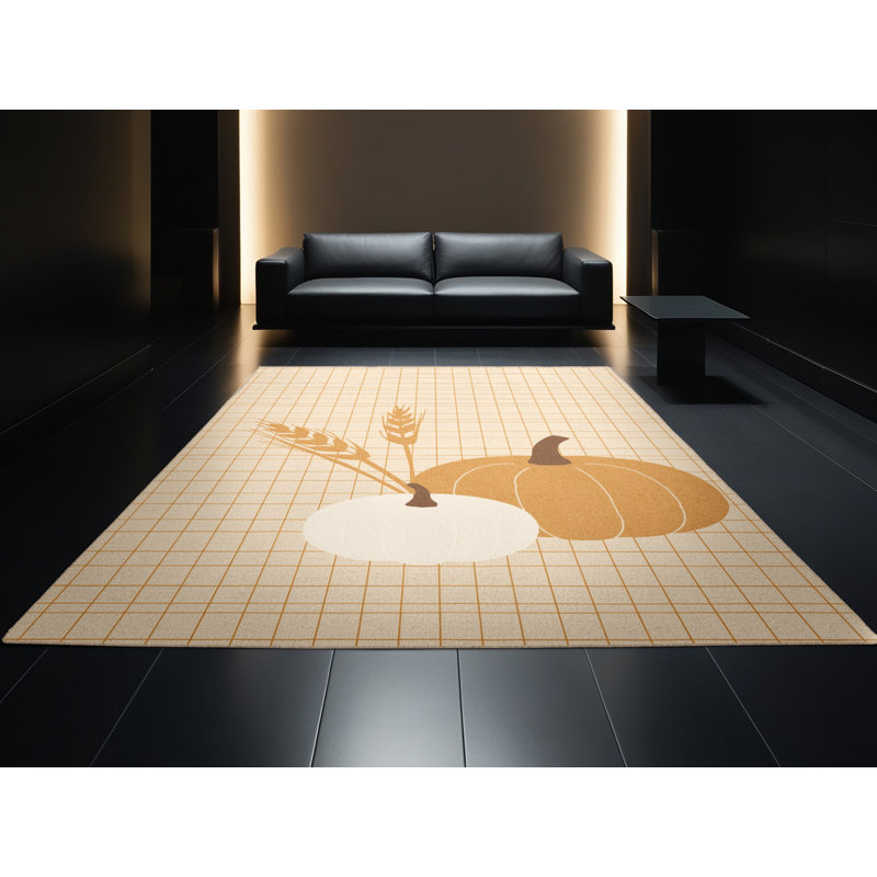 Tapis abstrait moderne et contemporain lavable à la machine Delancey Thanksgiving en beige - reliure beige, 7 x 9