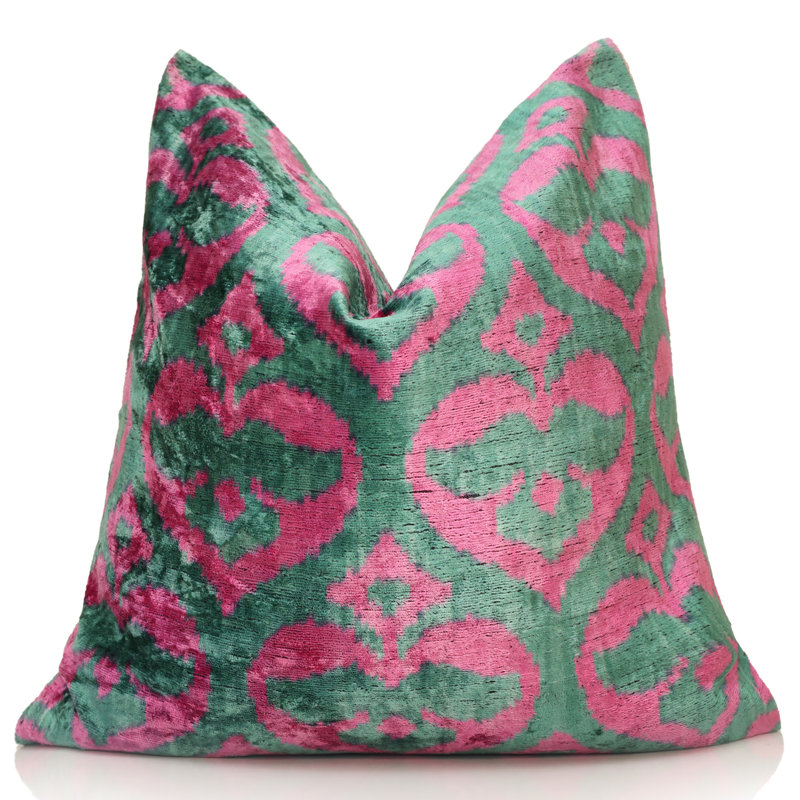Coussin en velours de soie vert émeraude et magenta – 50 x 50 cm