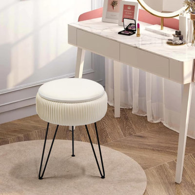Tabouret de coiffeuse en velours avec rangement, chaises de coiffeuse rondes avec pieds antidérapants, tabouret de siège de coiffeuse avec pieds noirs, table d'appoint rembourrée en fourrure pour chambre de maquillage, blanc