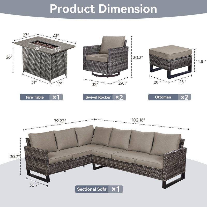 Ensemble de conversation d'extérieur en osier PE pour 8 personnes avec foyer d'extérieur, pouf et coussins Ingvald, Gris