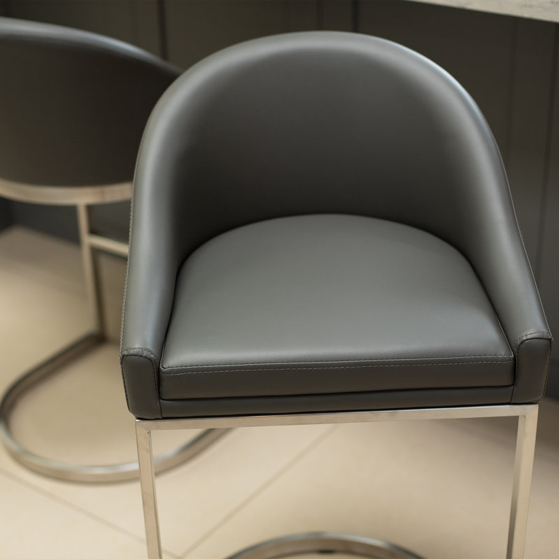 Tabouret de bar 26 po en acier inoxydable à hauteur de comptoir Otus, Similicuir gris