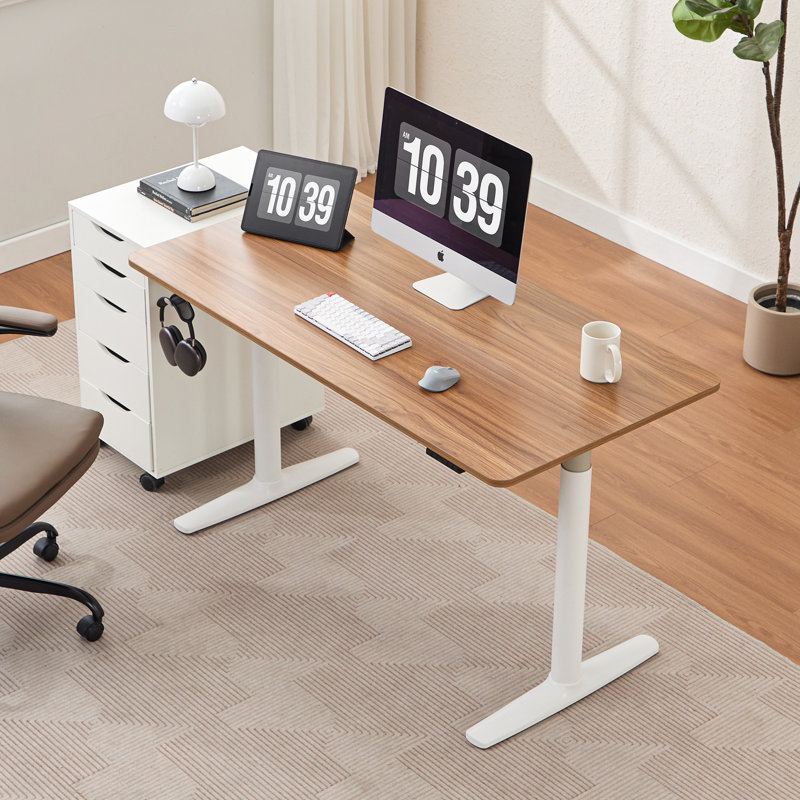 Electric Height Adjustable Standing Desk with Round Tube Column, 46" H x 48" W x 24" D, Light Walnut/White