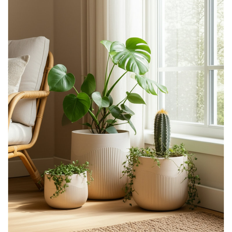 Planter Set Polyresin Carved Sculptural Design Decorative Indoor Outdoor Container Pots Contemporary Minimalist Style Durable Lightweight Construction Set Of 3