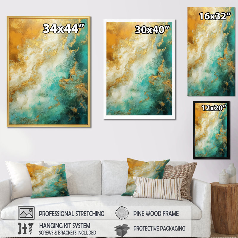 Morning Bliss or et sarcelle art marbré or - reproduction d'art sur toile, H 40 po x l 30 po, Cadre flottant noir
