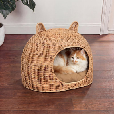 Emiliann Cat Ear Coastal Handwoven Rattan Cat Bed with Machine-Washable Cushion