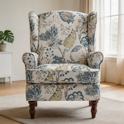 Chaise d'appoint moderne avec pieds en bois rétro, fauteuil rembourré confortable, canapé simple à motif floral pour le bureau de la chambre à coucher - Oiseau bleu floral