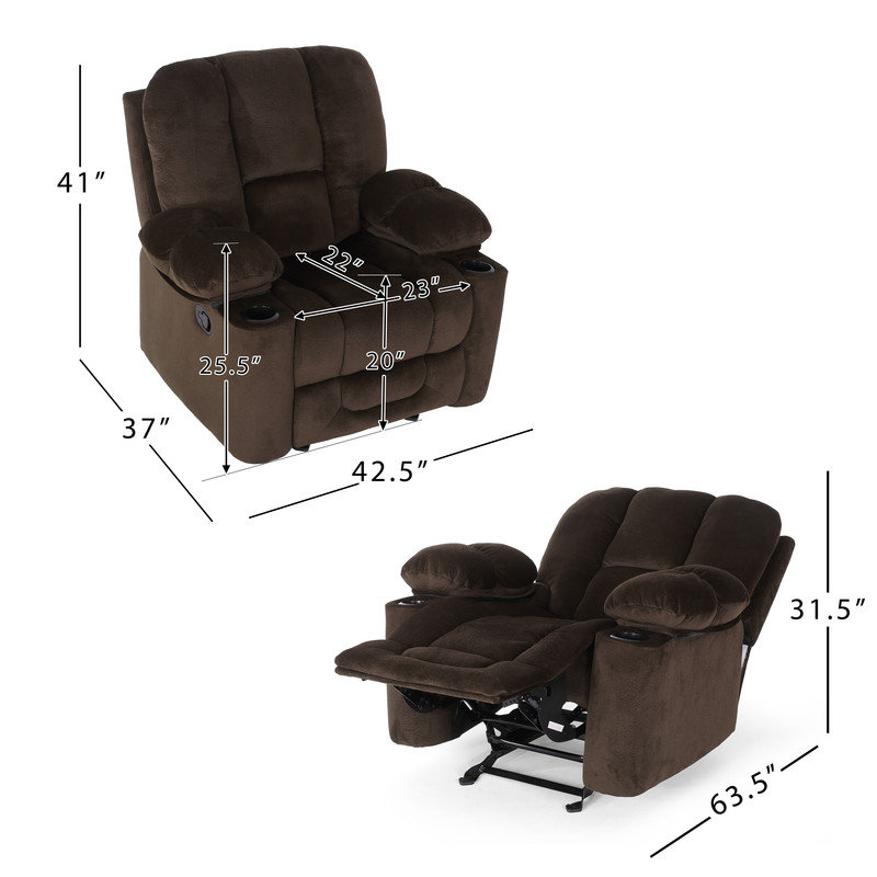 Manual Recliner Chair in Chocolate Fabric with Cup Holders,Living Room Recliner for Adults Clearance