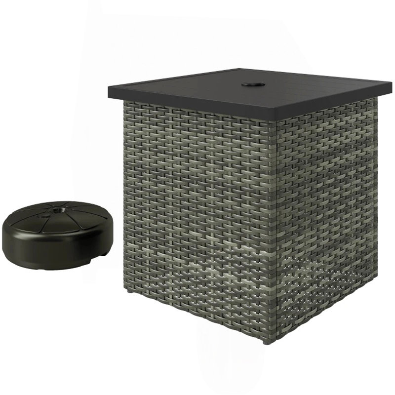 Table de bout carrée pour l'extérieur, table d'appoint en osier avec trou pour parasol, Gris