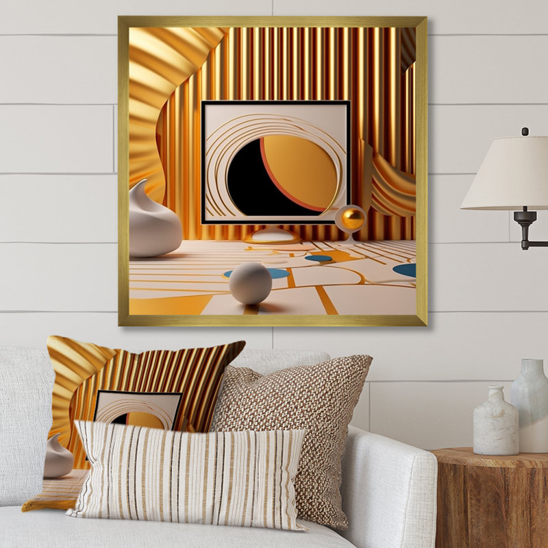 «Futuristic Minimal Interior Design Retro Yellow», reproduction sur toile, Cadre doré à une seule photo