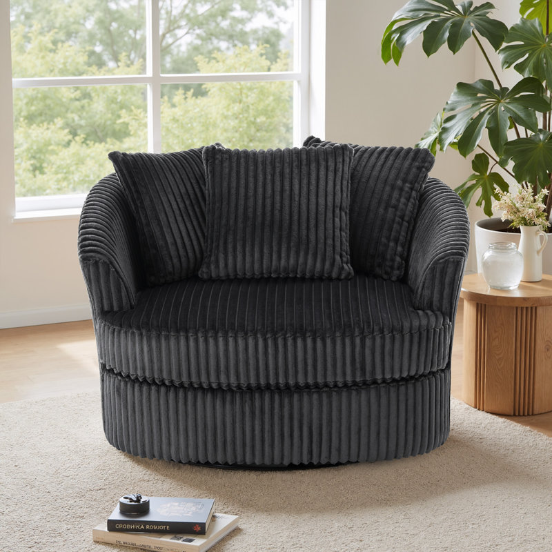 Fauteuil demi-tonneau surdimensionné ultra moelleux en fausse fourrure de lapin avec trois coussins, Gris foncé