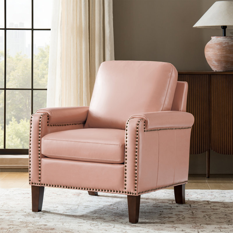 Lucien 31.5'' Wide Genuine Leather Armchair Chair With Solid Wood Legs, Pink
