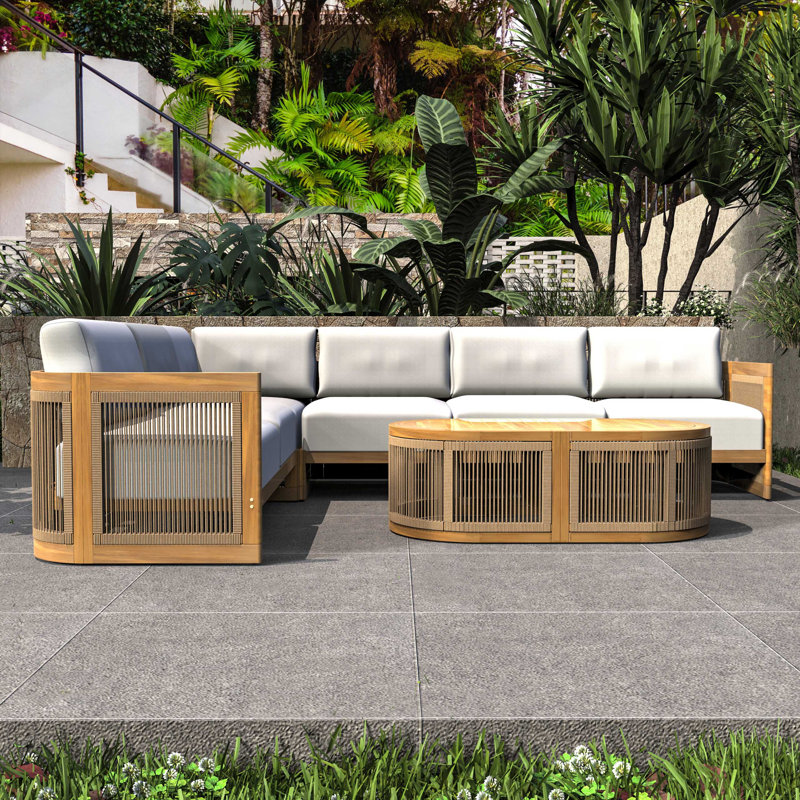 L-Shape 5-Seat Solid Acacia Modular Sofa Set With Cushions – Lounge Configuration