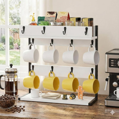 Coffee Mug Rack Holder Wall Mount ， 2 Tier Mug Rack Stand With Storage Base For 12 Cups For Kitchen, Dining Room Counter Organizer