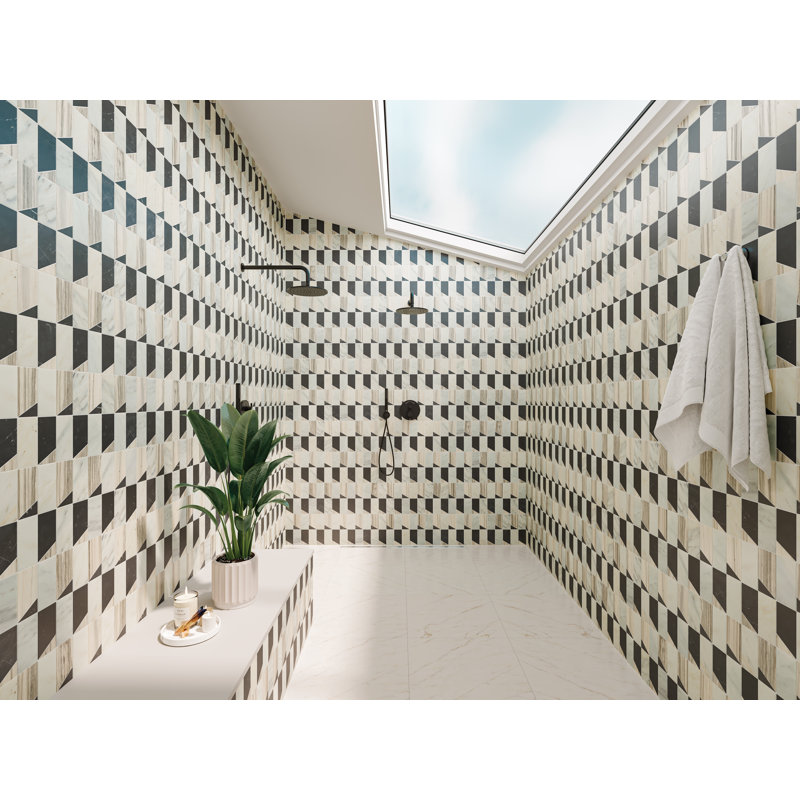Modni Jett Marble Mosaic Wall & Floor Tile, White Carrara/Nero Marquina/Bardiglio Nuvolato