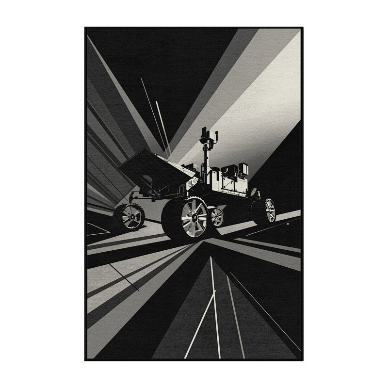 Machine Washable Vehicles And Transportation Lunar Rover Vehicle Modern Geometric Rug in Gray – Black Binding, 2x4