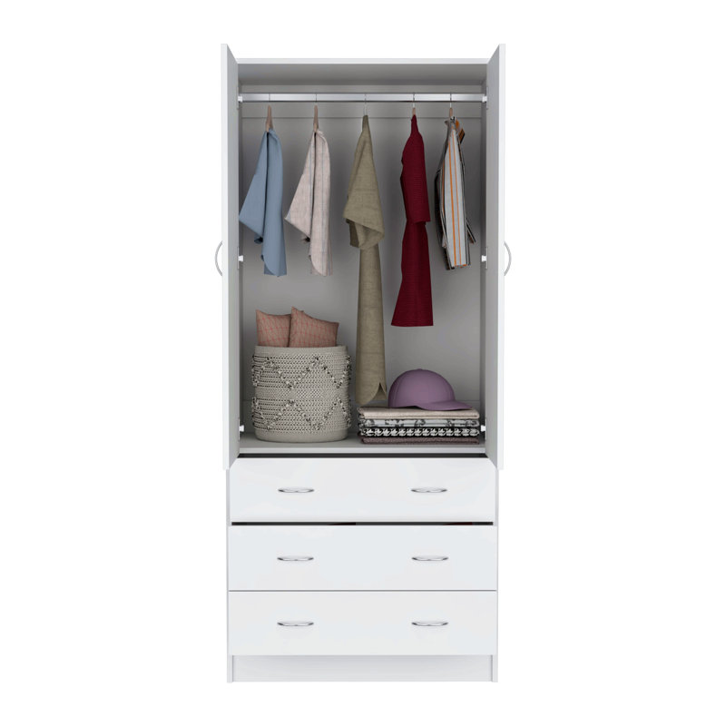 Armoire avec portes doubles, 3 tiroirs et tringle, Blanc