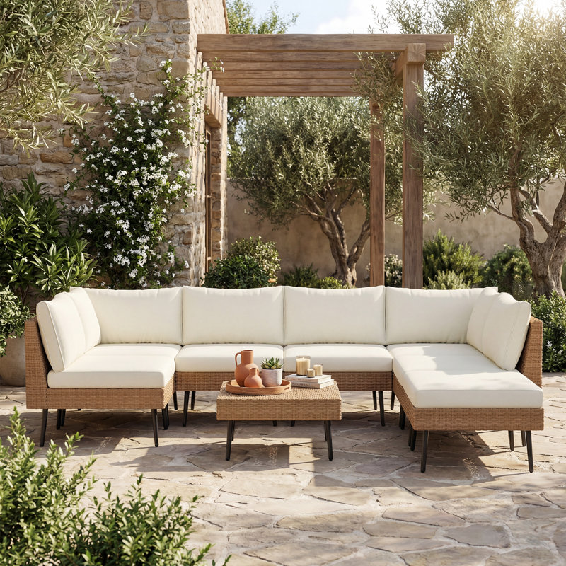 Ensemble de conversation modulaire en osier pour 7 personnes avec coussins, White