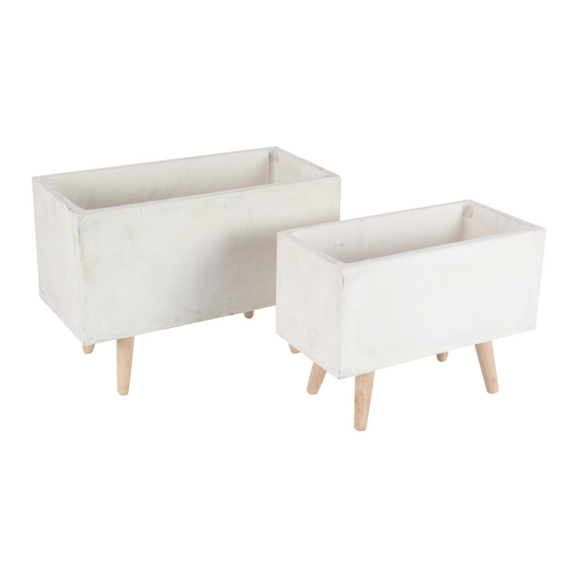 White Fiber Clay Rectangular Planters with Wood Legs, Set of 2