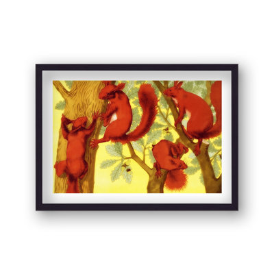 Screenprint Vibrant Red Squirrels In Oak Trees by Vouvart - Single Picture Frame Print