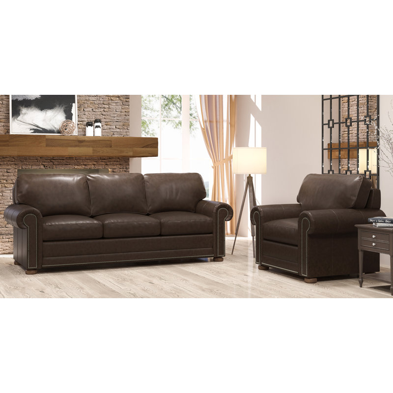 Ensemble de salon en cuir 2 pièces Sopheak, Cuir véritable espresso