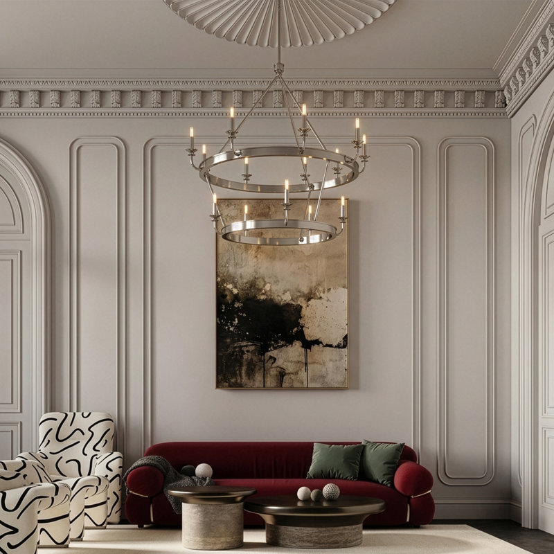 William Chandelier - 14-Light Lacquered Burnished Brass, Polished Nickel
