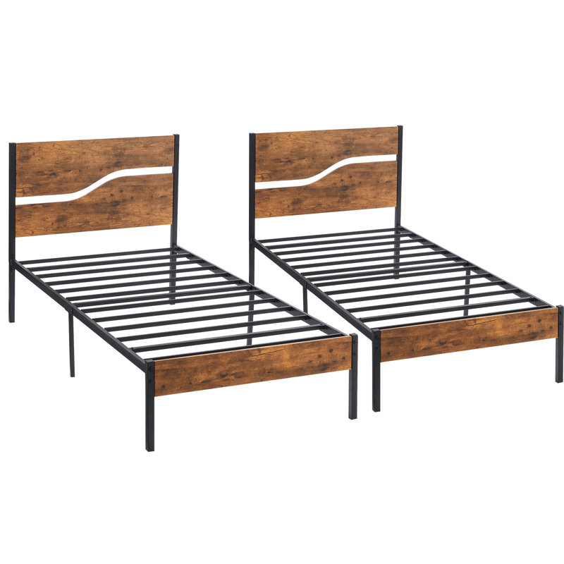 Rumaldo Set of 2 Bed Frame, 2 Pack Twin Size Platform Bed Frame with Wood Headboard, Rustic Farmhouse Industrial Style for Kids, Guest Rooms & Apartments, No Box Spring Needed