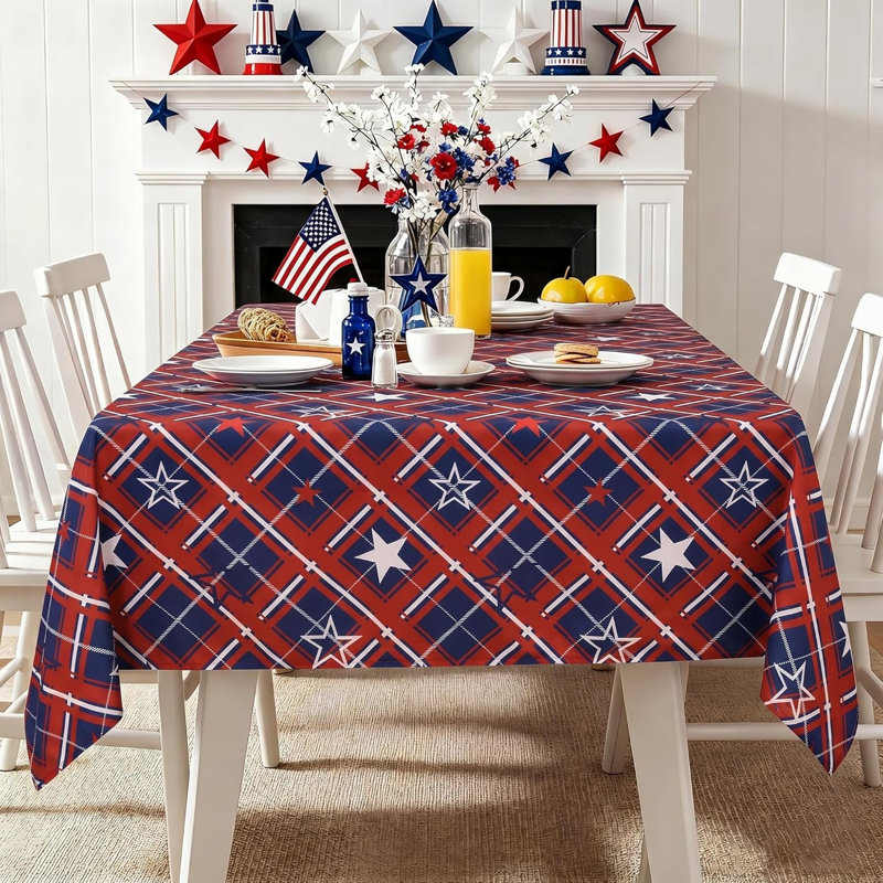 1 Piece Holiday 4th of July Tablecloth  Table Cover for Independence Day Picnic Party, Water Stain Resistant American Plaid Star Patterned Washable Table Cloth
