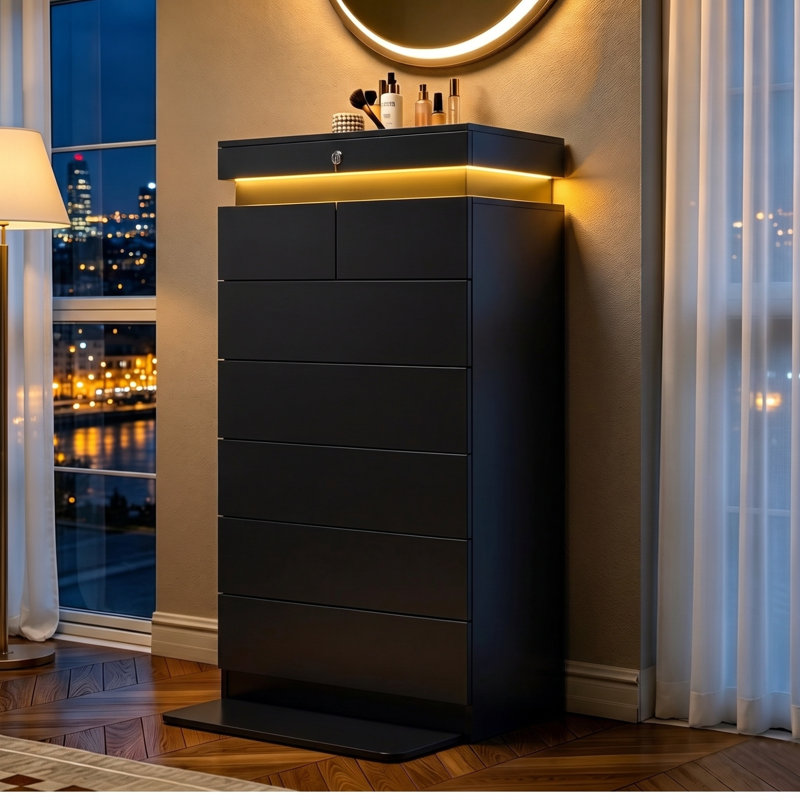 Commode haute à 7 tiroirs FOphelia & Co H 51,3 po avec lumières à DEL RVB et station de charge intégrée, commode blanche pour chambre à coucher avec plateau verrouillable