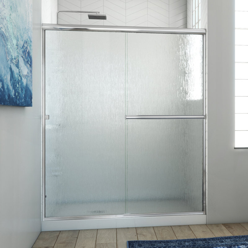 Lese 57" W x 66" H Semi-Frameless Shower Door, Reeded, Polished Chrome