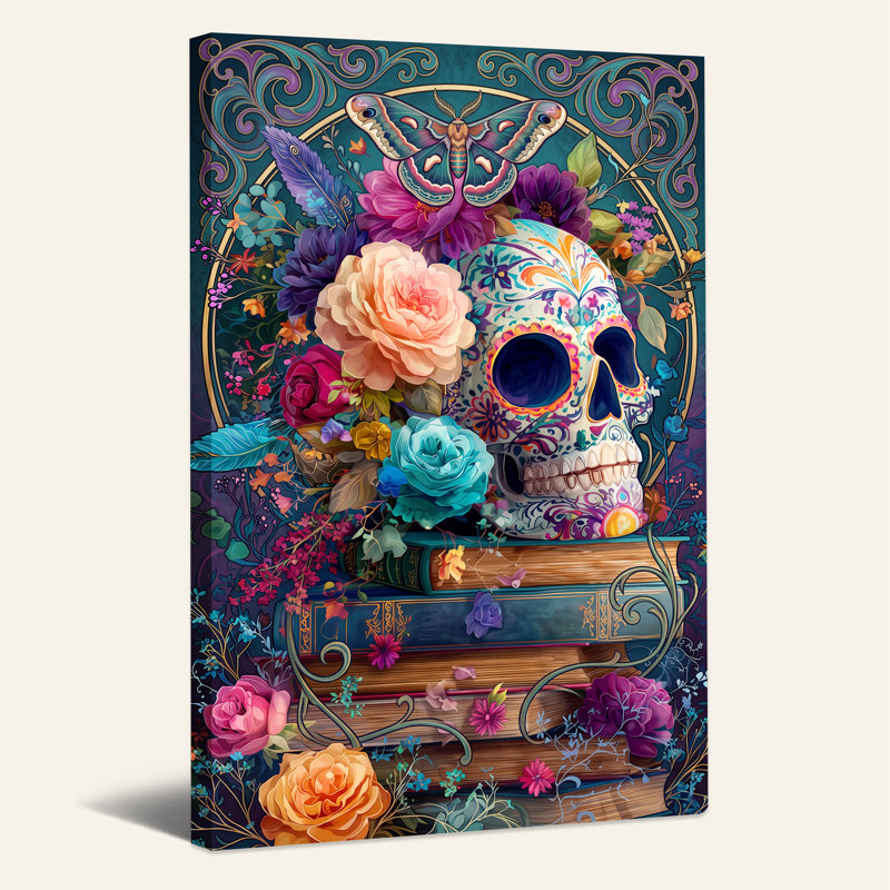 Impression sur toile, crâne de sucre coloré avec roses et papillon de nuit sur livres, H 36 po x l 24 po