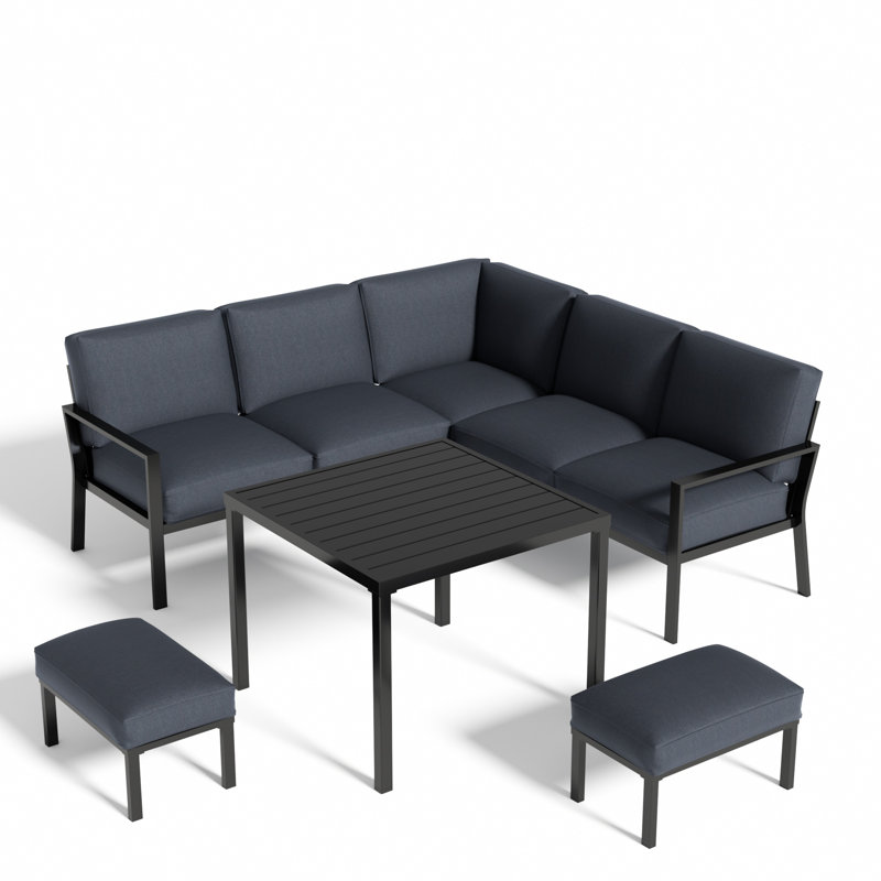 8-Piece Outdoor L-Shaped Sectional Seating Set With Dual Ottomans And Dining Table