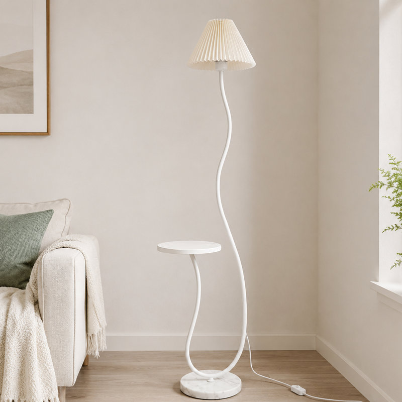 Creamy Pleated Marble Floor Lamp With Tray And 3-color Light For Reading