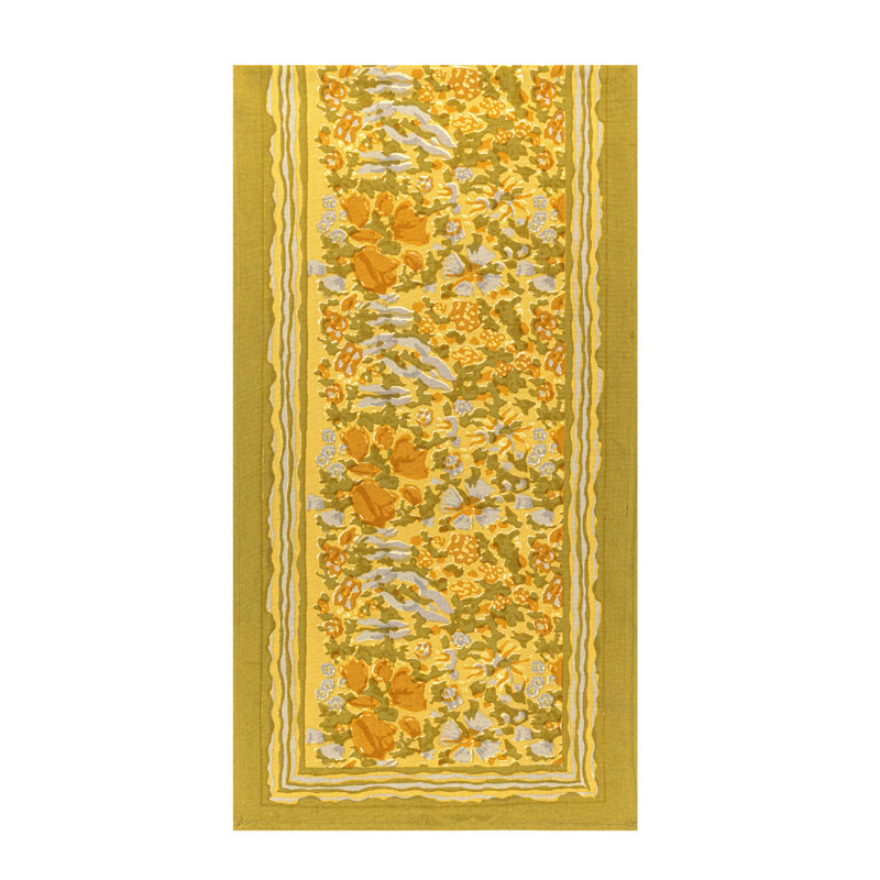 Handcrafted Water Resistant Floral Table Runner, 90" L x 16" W, Mustard/Grey