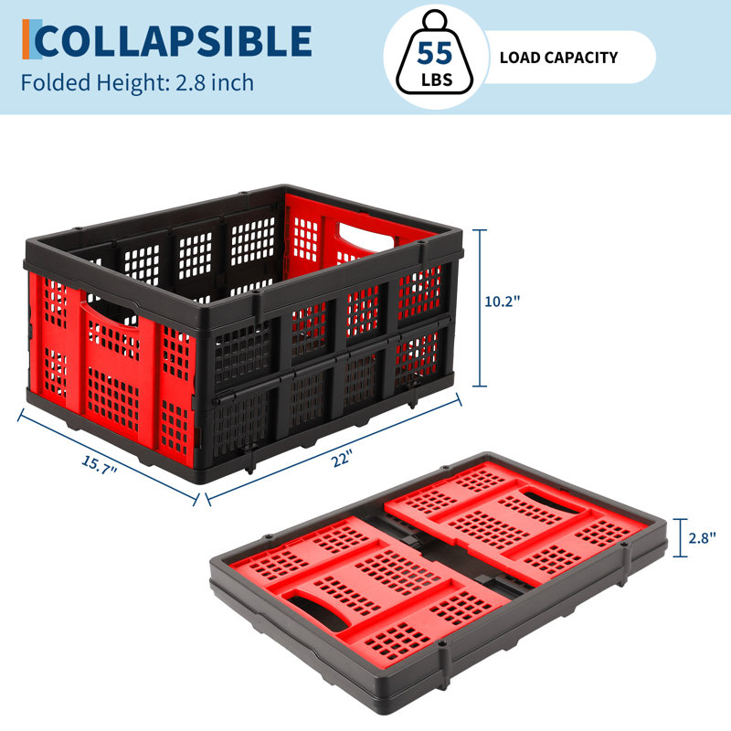 Collapsible Crate, 55L Foldable Plastic Milk Crate with Side Handles, Heavy Duty Stackable Containers Folding Storage Baskets for Food, Drinks, Books, Tools, Red