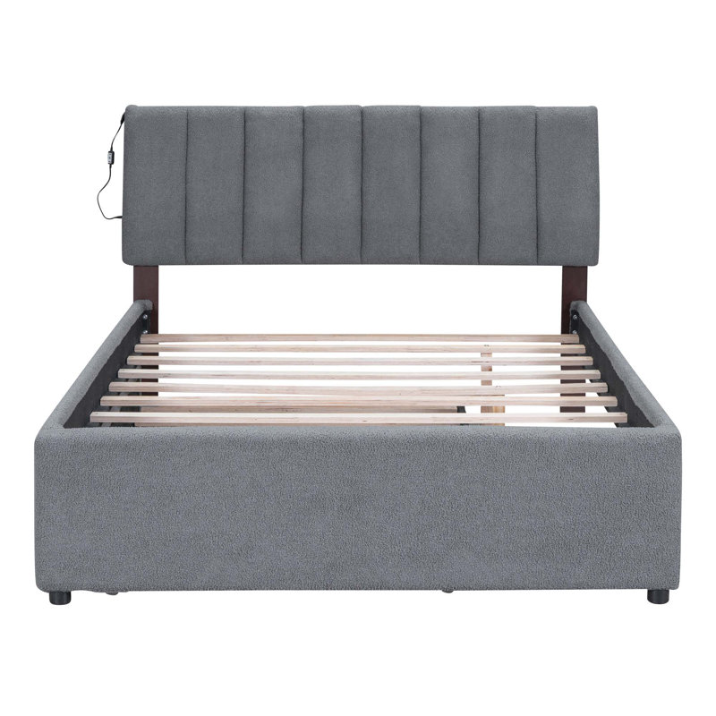 Lit plateforme tapissier avec lit gigogne et 3 tiroirs, tête de lit en forme de lapin avec lumières DEL intégrées, gris