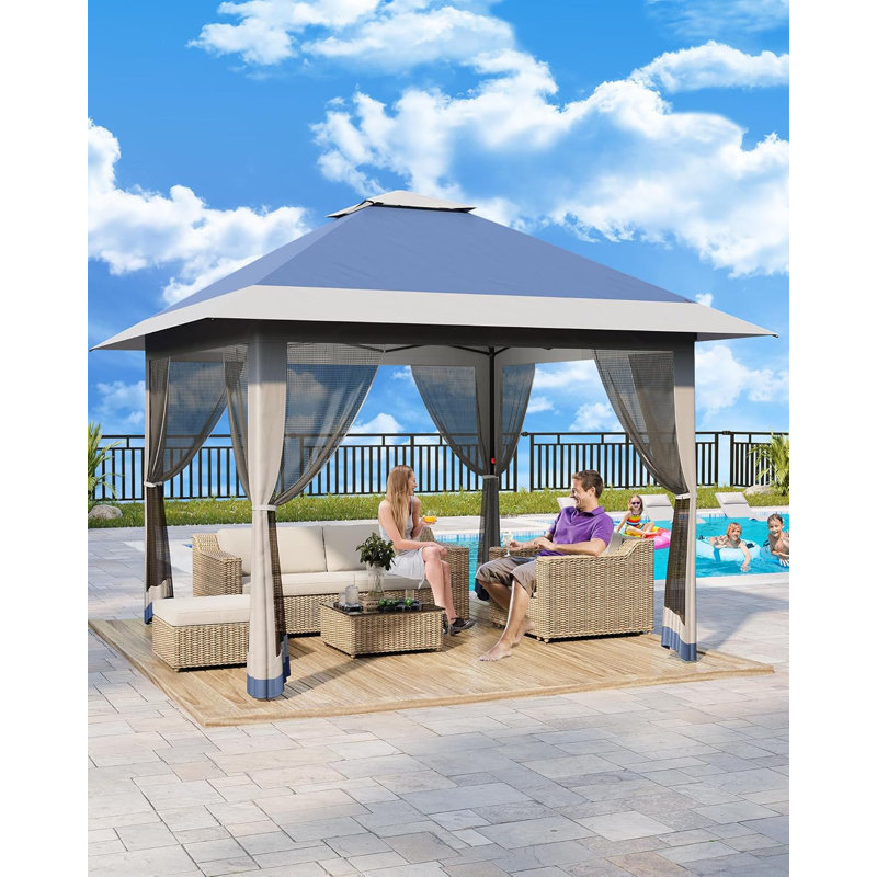 13 x 13 pi 4 saisons auvent robuste et imperméable bloquant les UV avec moustiquaire 60 secondes à installation rapide pour abri de jardin bleu et gris