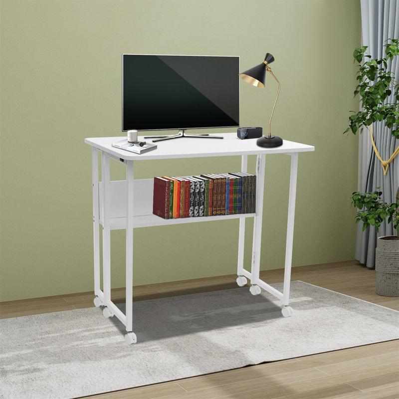Foldable Computer Desk With Wheels, White