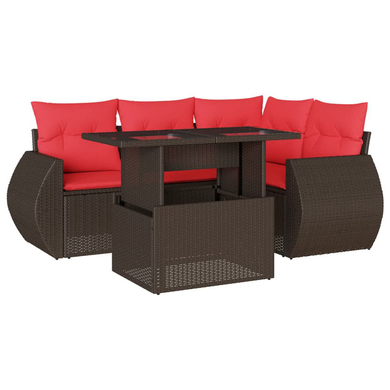 Ensemble de canapé de patio 5 pièces avec coussins en rotin de polyester, Rouge, Brun