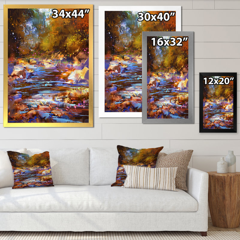 Fall River Lines with Stones in Forest - Peinture sur toile, H 40 po x l 30 po x P 1,5 po, Cadre de coin argenté fermé
