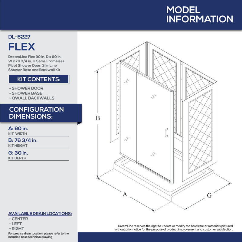 Dreamline Flex 60" x 76.75" Pivot Semi-Frameless Shower Door, Center