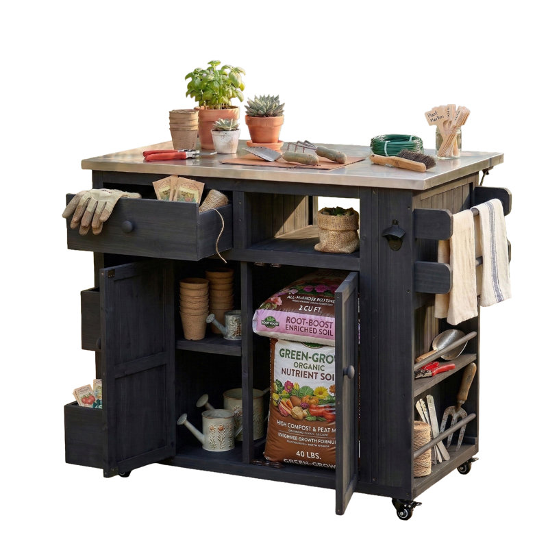 Outdoor Solid Wood Extendable 19.3''/28'' Kitchen Island, Stainless Steel Top Grill Table with Side Spice Rack, Black