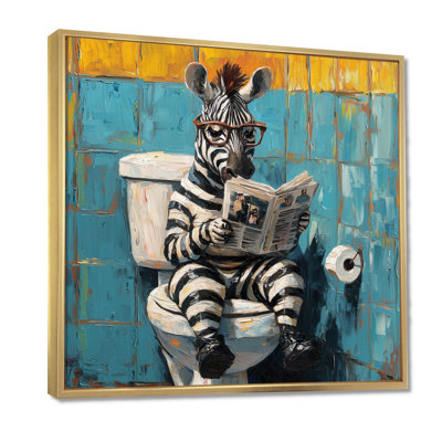 Keiji, lecture zébrée amusante d'un journal dans une toilette II - art mural zèbre