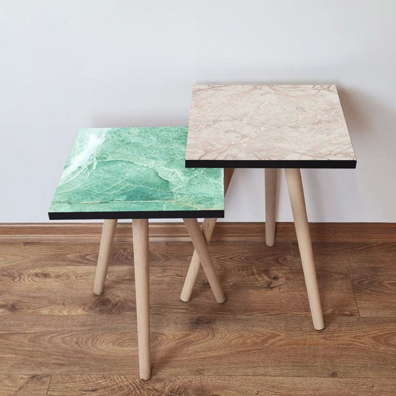 Ensemble de 2 tables gigognes modernes en marbre vert et blanc, 13,8 po x 18,5 po x 13,8 po et 13,8 po x 16,5 po x 13,8 po | 100% panneau de fibres à densité moyenne avec pieds en bois de hêtre, élégant et polyvalent, parfait pour le salon et la décoration intérieure