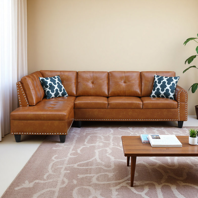 Faux Leather L - Shaped Sectional With Storage & Cup Holders 2Pc, Ginger