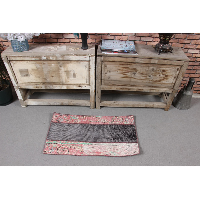 Unique Handwoven Vintage Turkish Door Mat in Pink and Black Floral Pattern for Oriental Home Decor and Stylish Entryway Accent