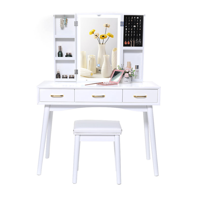 Coiffeuse avec tabouret et miroir Joille, Blanc