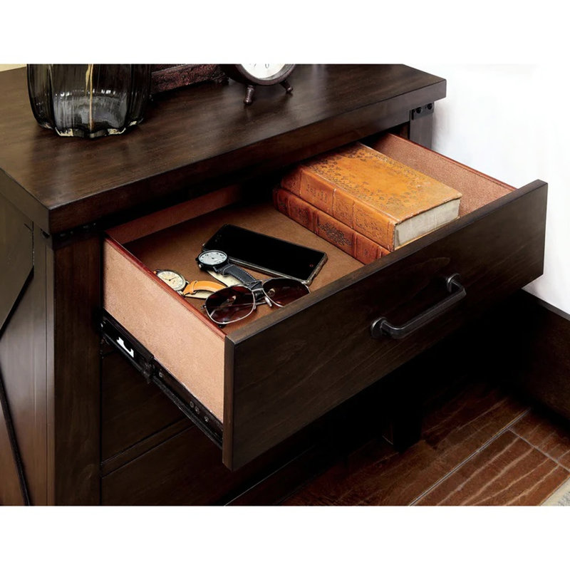 3 tables de chevet en bois de noyer foncé rustique avec poignées à tirer noires pour armoire de chambre à coucher en noyer