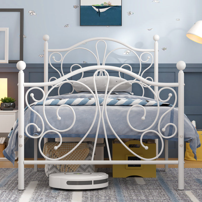 Twin Size Metal Bed Frame With Butterfly Pattern Design, White